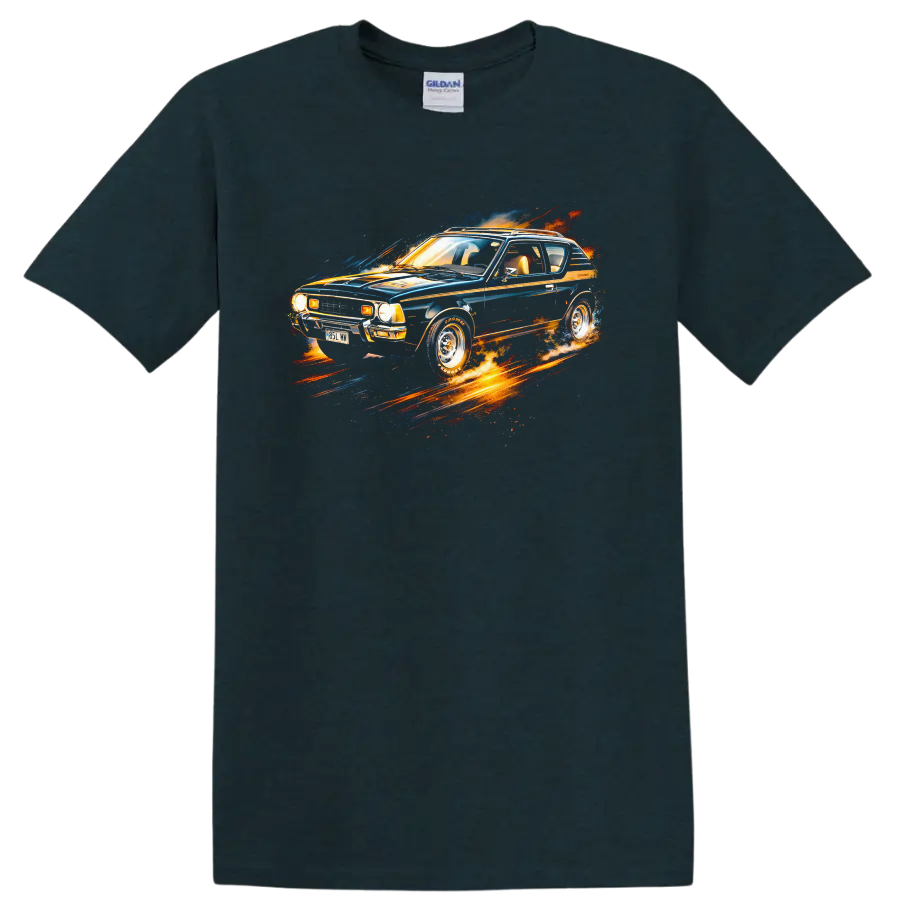 Colorful AMC Gremlin old car graphic print T-shirt with retro automotive splash design on a Midnight (Green) T Shirt