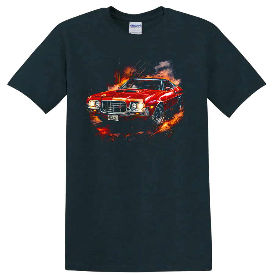 Red 1972 Ford Gran Torino Sport muscle car graphic print with fiery smoke on a Midnight (Green) T Shirt