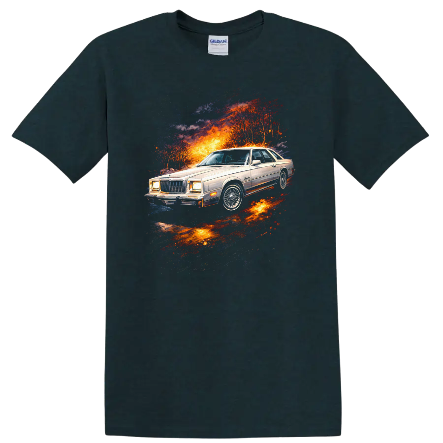 Chrysler Cordoba classic car graphic print with fiery retro energy burst on a Midnight (Green) T Shirt
