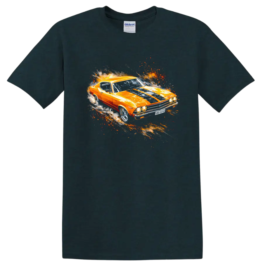 Orange 1969 Chevelle SS 396 muscle car graphic print with motion effects on T shirt on a Midnight (Green) T Shirt