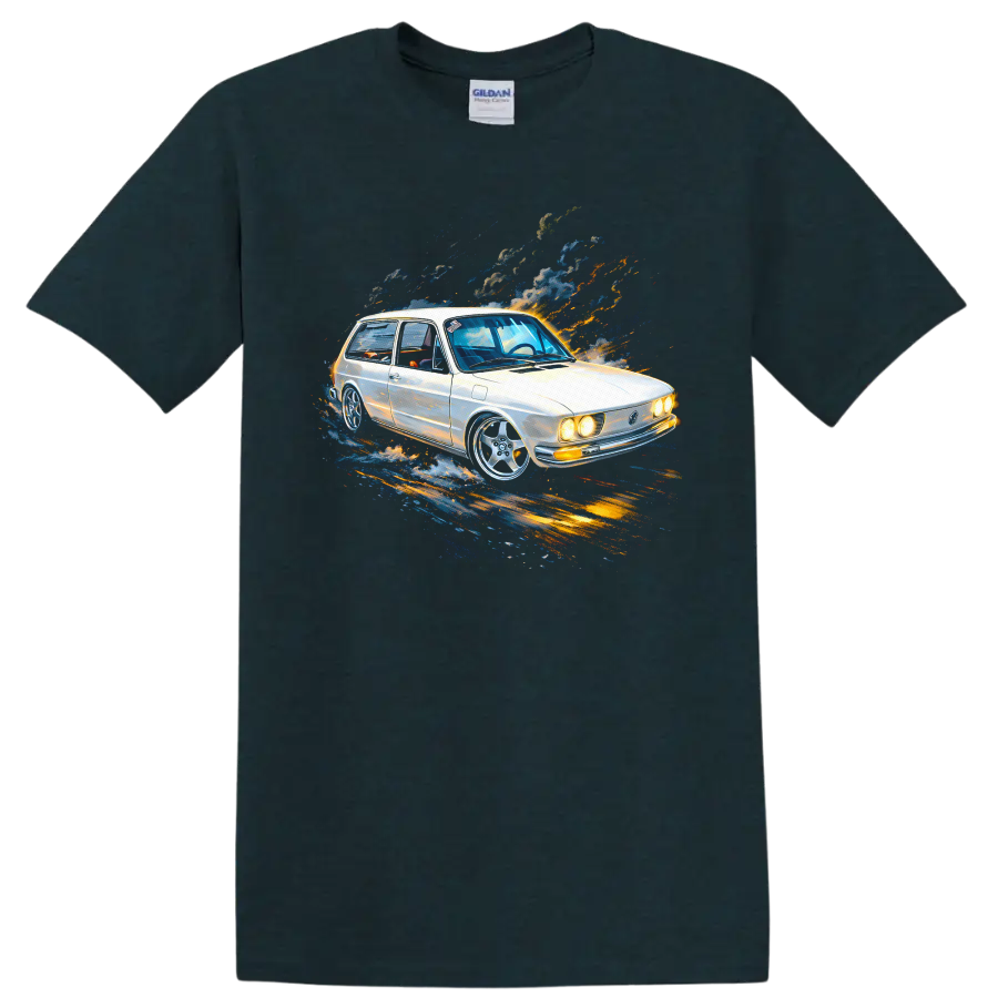 Volkswagen Brasília old car with colorful motion streaks graphic print T shirt on a Midnight (Green) T Shirt