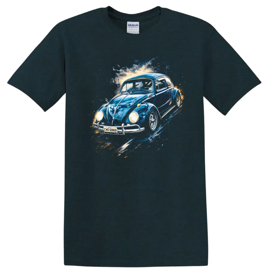 Blue Volkswagen Beetle vintage car graphic print T shirt on a Midnight (Green) T Shirt