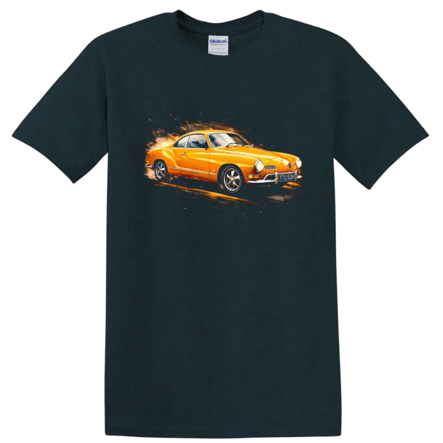 Orange Volkswagen Karmann Ghia classic car with fiery motion graphic on black background on a Midnight (Green) T Shirt