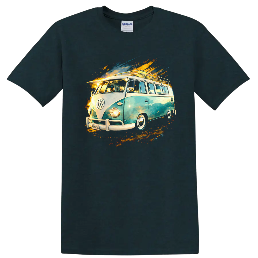 Volkswagen T1 camper van graphic print with colorful splash effects on a T shirt on a Midnight (Green) T Shirt