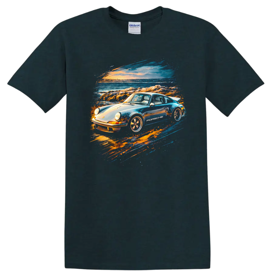 Pop art Porsche-style old car by the ocean at sunset, graphic print T shirt on a Midnight (Green) T Shirt