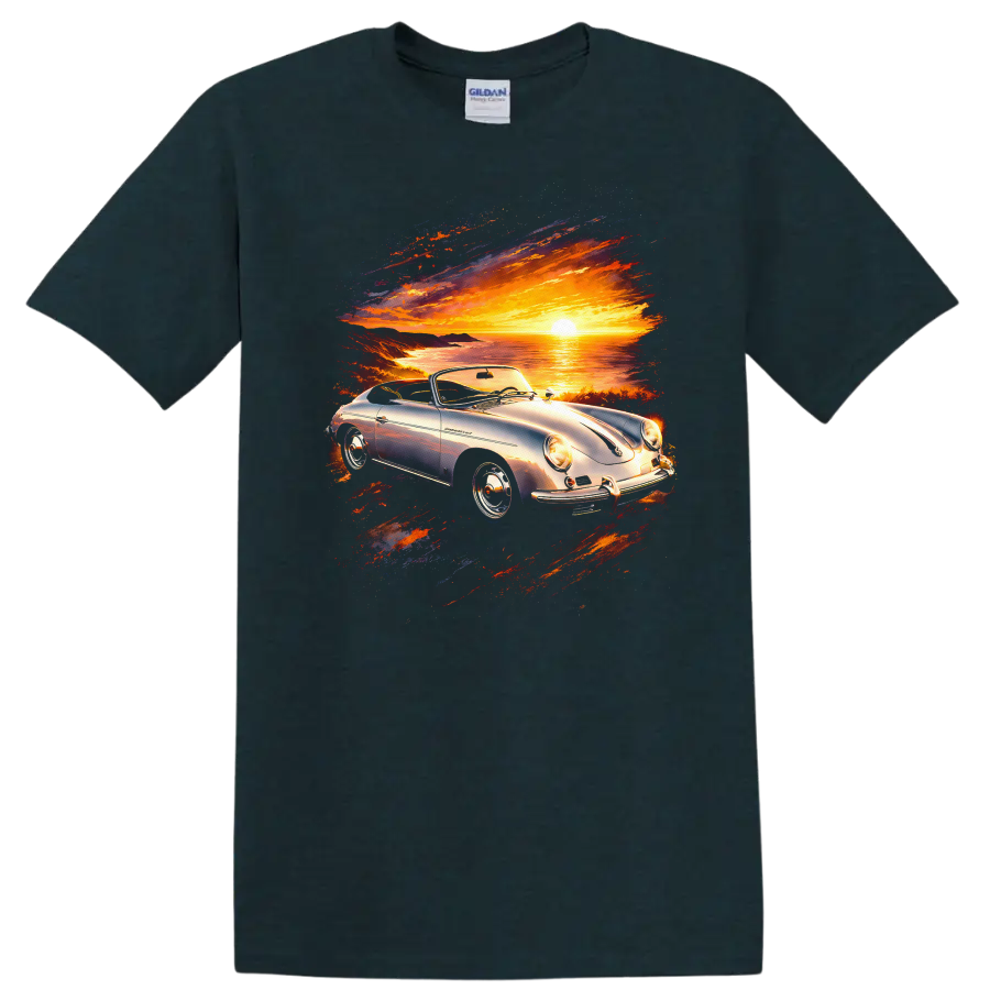 Porsche 356 convertible at sunset with colorful coastal scenic graphic print on a Midnight (Green) T Shirt