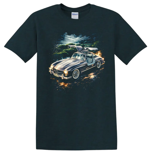 1954 Mercedes-Benz 300 SL Gullwing car artwork with scenic background on a T - Midnight (Green)