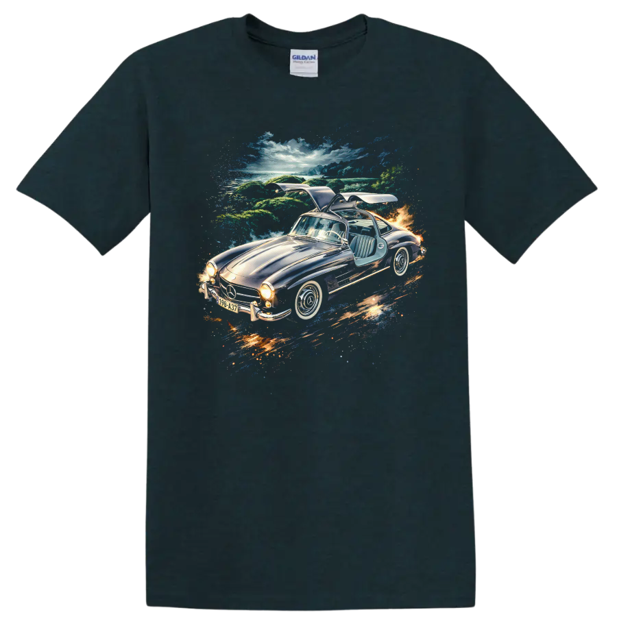 1954 Mercedes-Benz 300 SL Gullwing car artwork with scenic background on a T shirt on a Midnight (Green) T Shirt