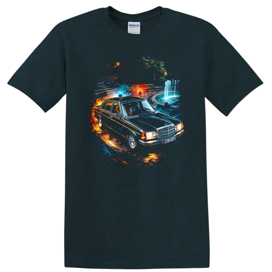 Mercedes-Benz W123 classic car with neon graphic print on T shirt on a Midnight (Green) T Shirt