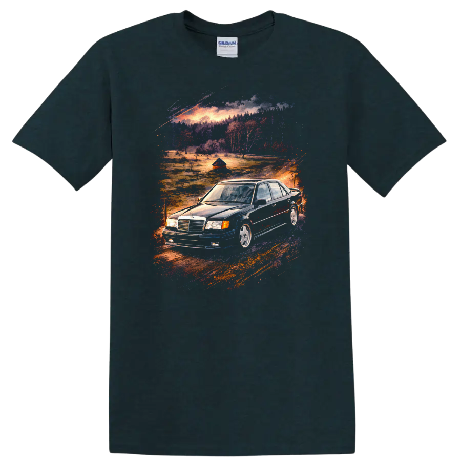 Mercedes-Benz E500 W124 old car graphic print T-shirt with scenic vintage car artwork on a Midnight (Green) T Shirt