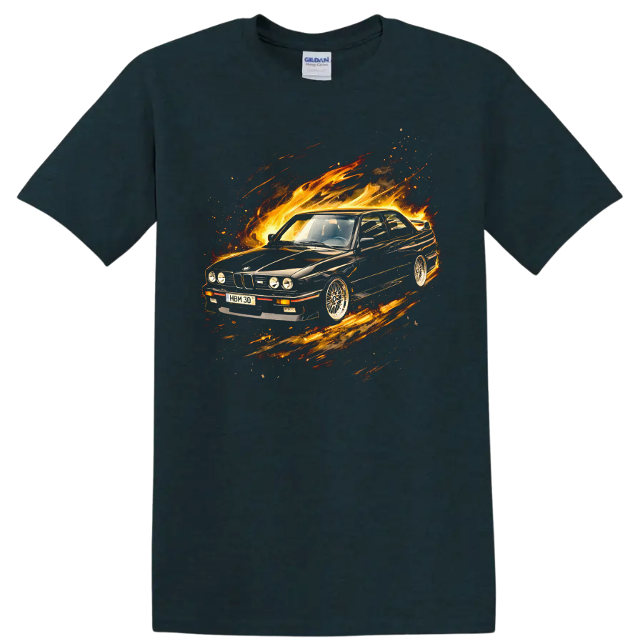 BMW E30 M3 car surrounded by flames and motion streaks graphic T-shirt on a Midnight (Green) T Shirt
