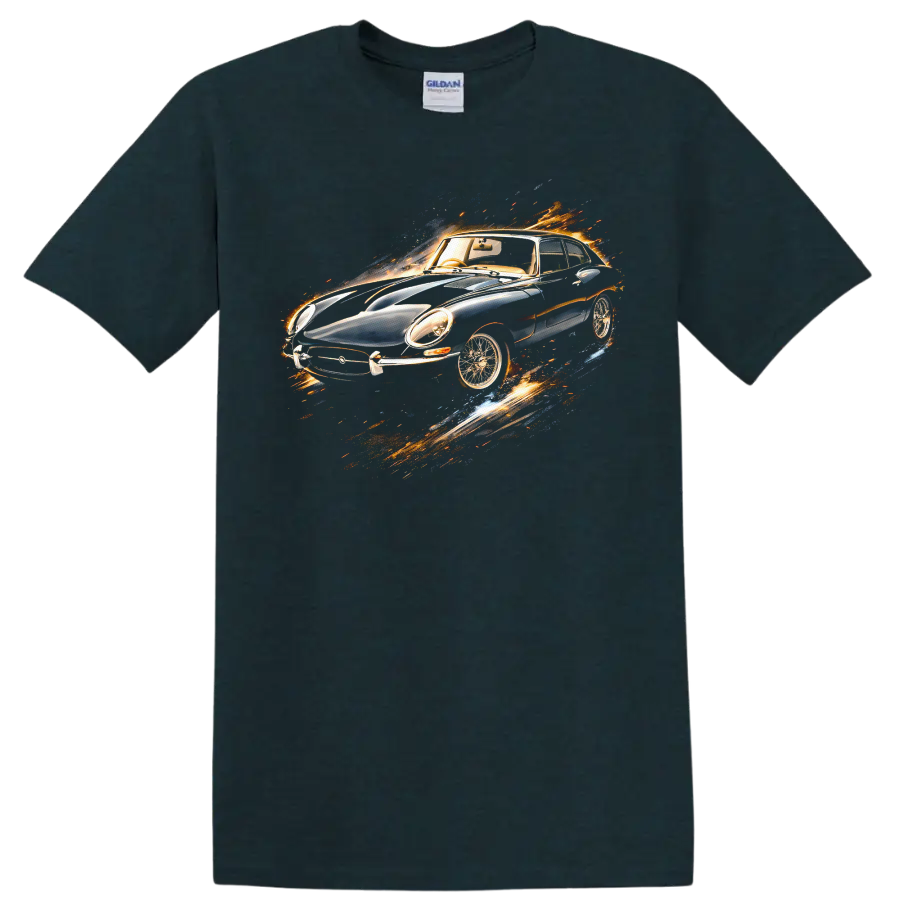 Jaguar E-Type Coupe 1963 with fiery motion effect graphic print T-shirt on a Midnight (Green) T Shirt