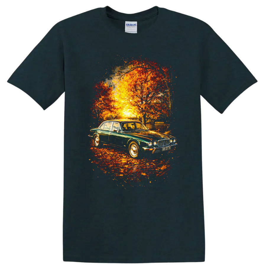 Jaguar XJ old car graphic print with autumn trees and sunset on a Midnight (Green) T Shirt