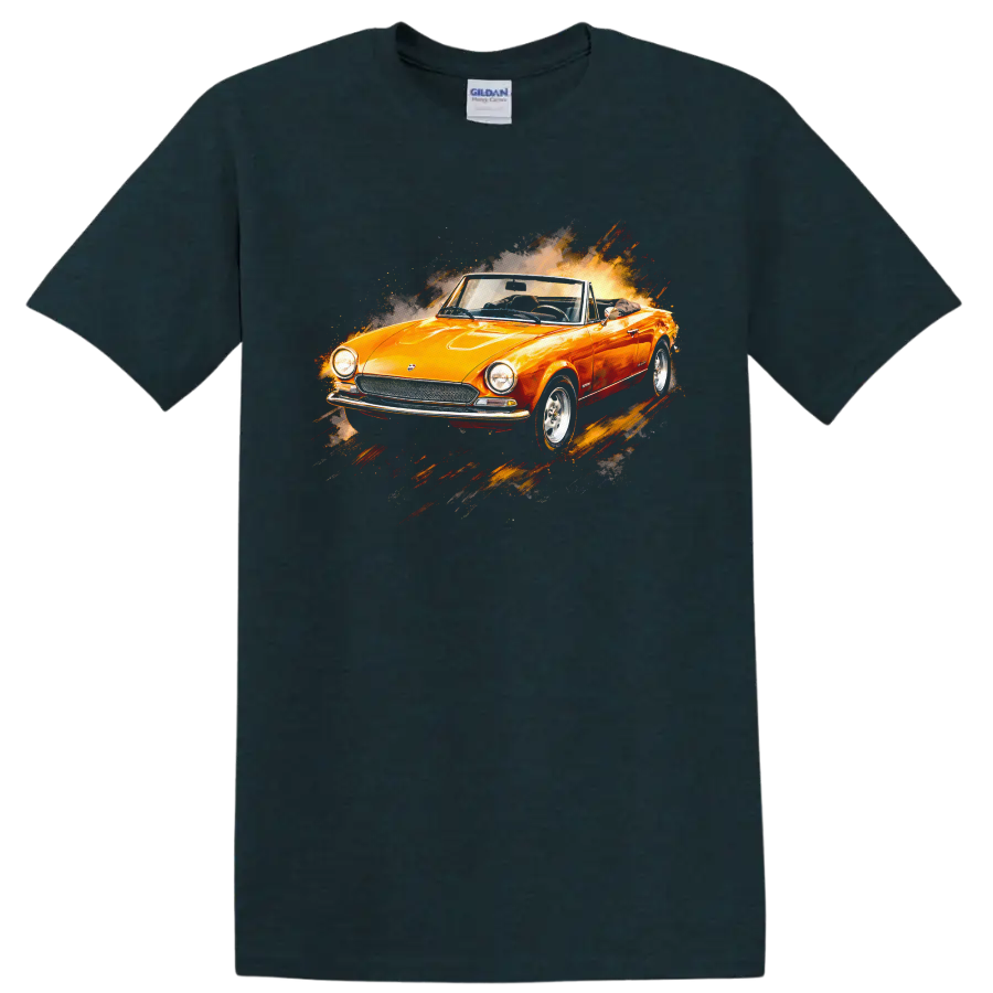 Orange Fiat 124 Sport Spider convertible with splash-style graphic print T shirt on a Midnight (Green) T Shirt