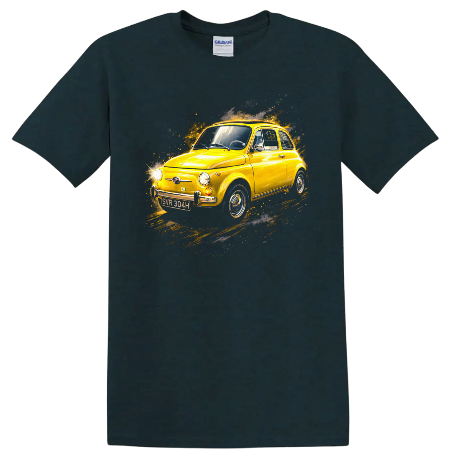 Yellow Fiat 500 classic car with retro splash graphic print T shirt on a Midnight (Green) T Shirt
