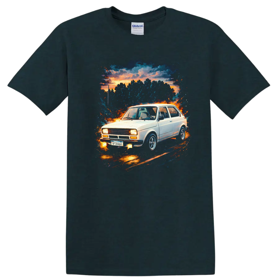 Fiat 147 old car graphic print with sunset and splatter artwork on a T shirt on a Midnight (Green) T Shirt
