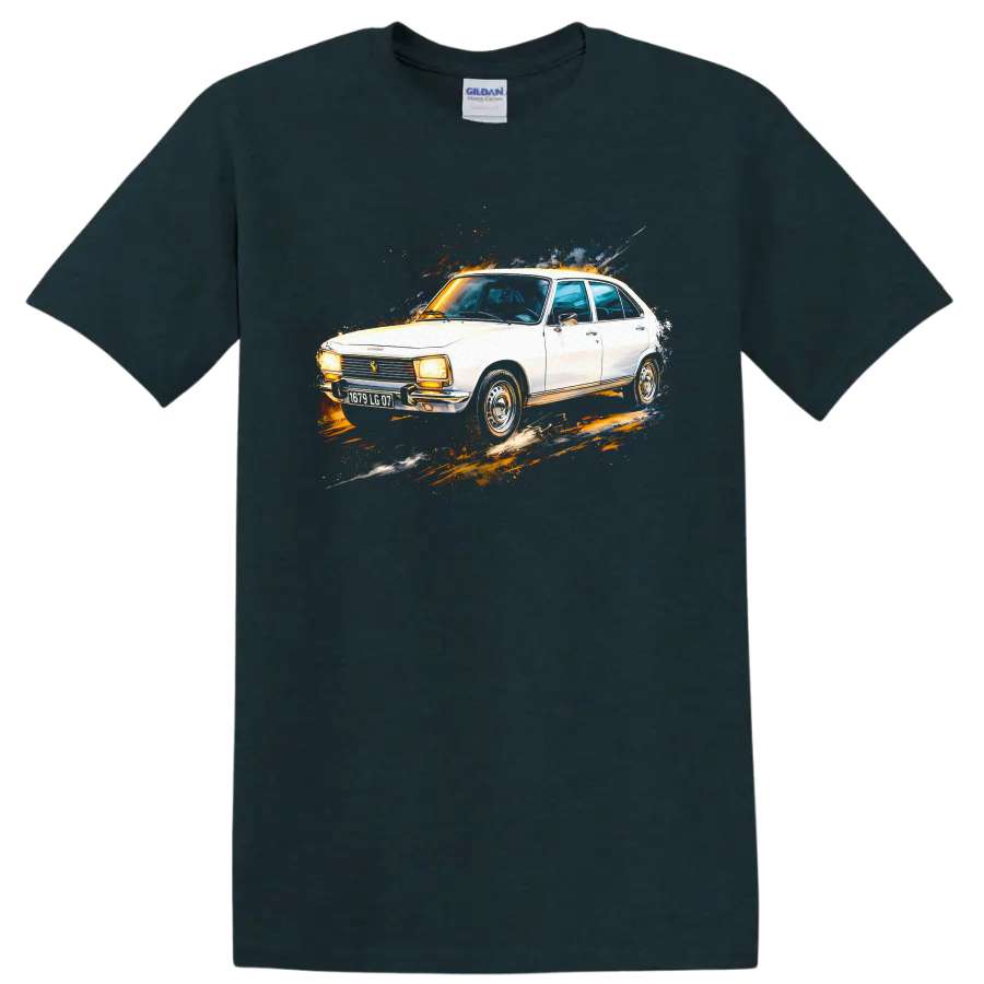White Peugeot 504 classic car with colorful paint-splash graphic print on a Midnight (Green) T Shirt