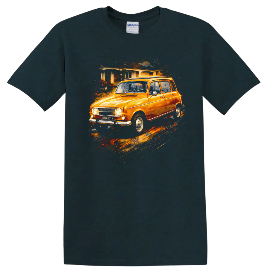 Orange Renault 4 classic car graphic print with painterly splash effect on a Midnight (Green) T Shirt