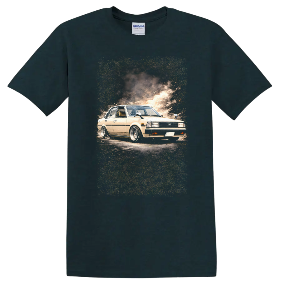 Beige Toyota Corolla KE70 old car graphic print with smoky automotive backdrop on a Midnight (Green) T Shirt