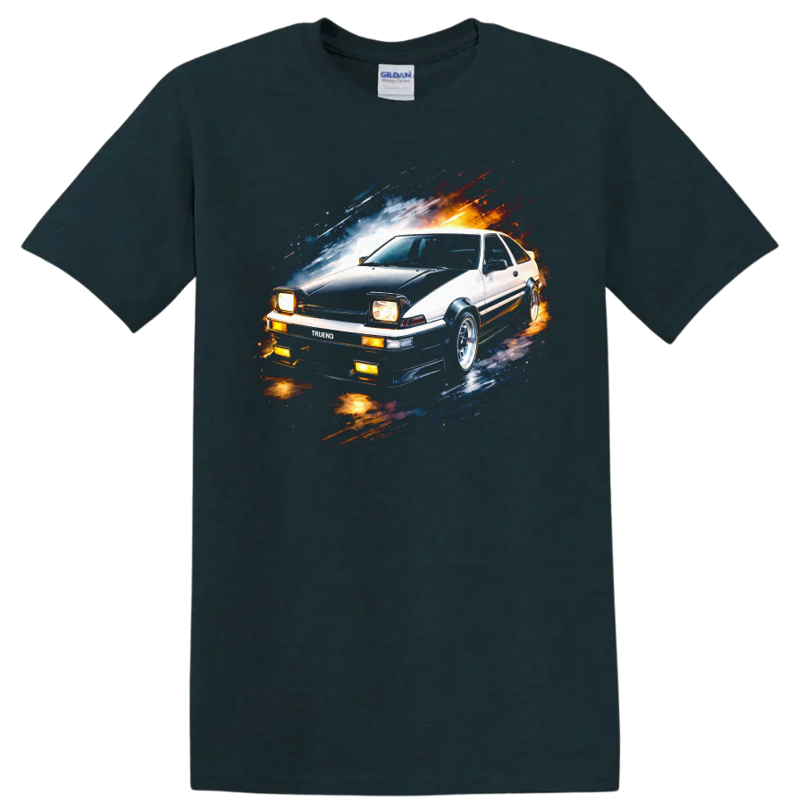 Toyota Sprinter Trueno AE86 car graphic print with racing motion streaks on T shirt on a Midnight (Green) T Shirt