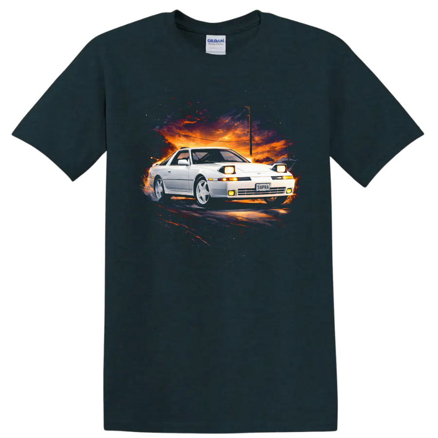 White Toyota Supra MK3 car art on a sunset background graphic T shirt on a Midnight (Green) T Shirt