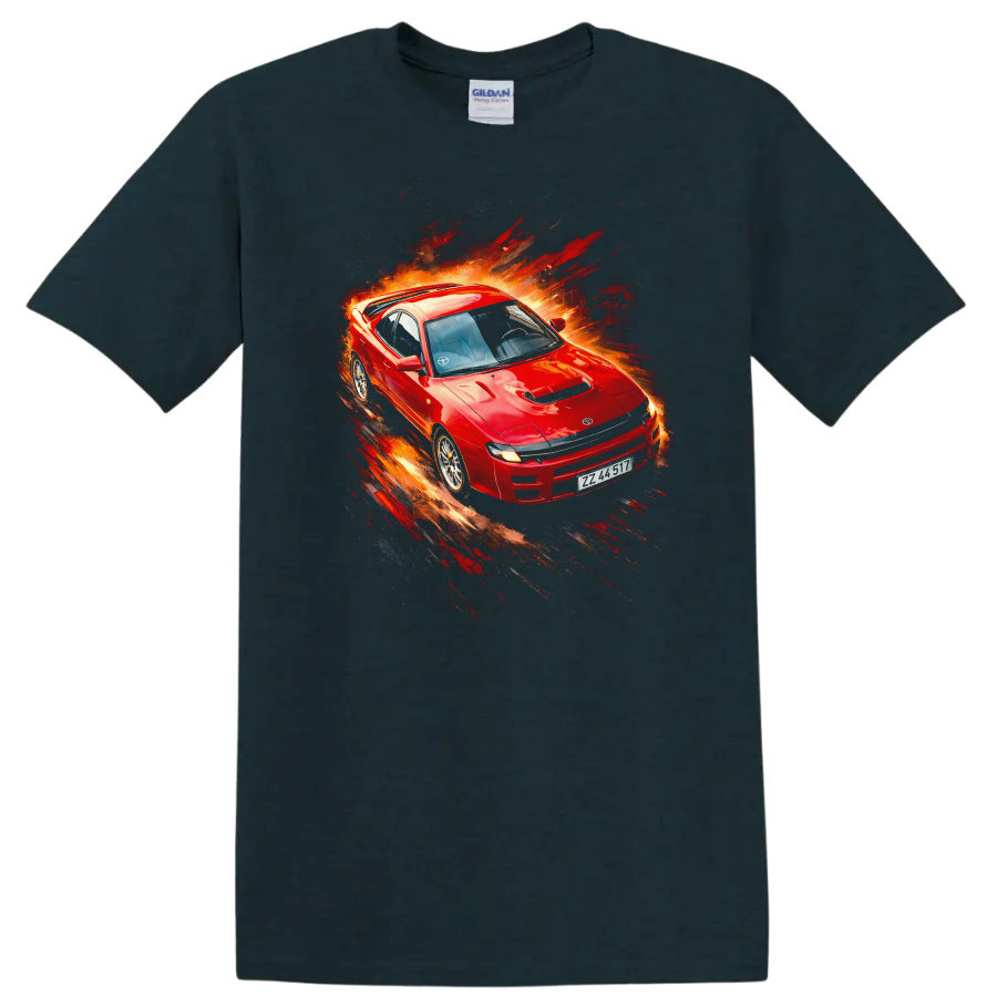 Red Toyota Celica GT-Four RC with explosive motion paint-splash graphic on a black T-shirt on a Midnight (Green) T Shirt