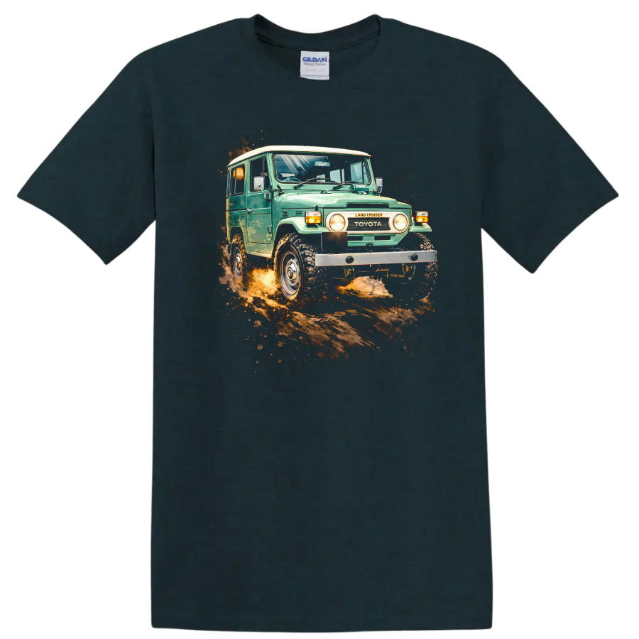 Vintage Toyota Land Cruiser J40 driving through dirt with off-road splash graphic print on a Midnight (Green) T Shirt