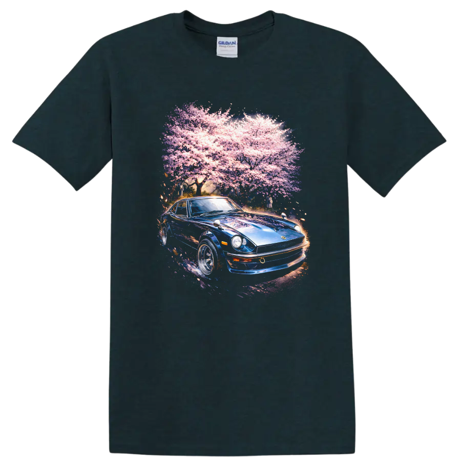 Blue Datsun 240Z under pink cherry blossoms graphic print T Shirt on a Midnight (Green) T Shirt