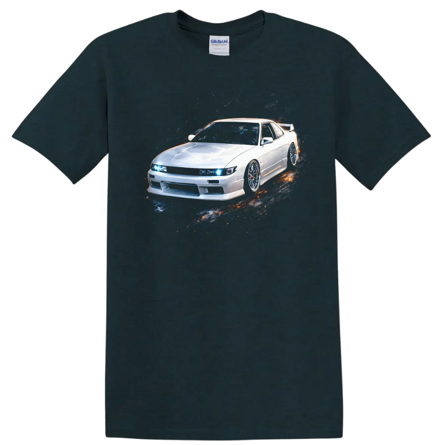White Nissan Silvia S13 car graphic with blue headlights and pixel splash effect on a Midnight (Green) T Shirt