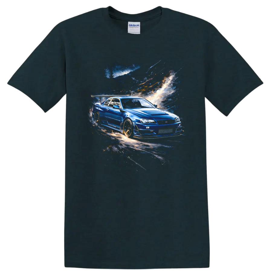 Blue Nissan Skyline GT-R R34 street racing graphic print T shirt on a Midnight (Green) T Shirt