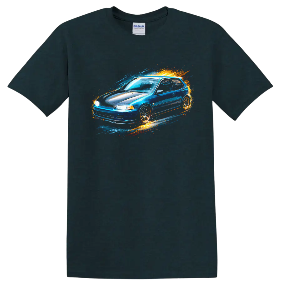 Blue Honda Civic EG hatchback with colorful splash graphic print on a Midnight (Green) T Shirt