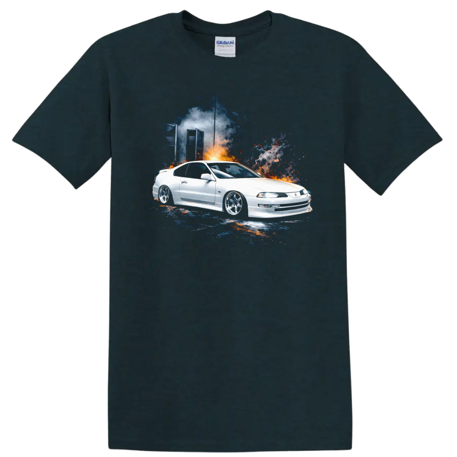 White Honda Prelude with colorful smoke graphic print T shirt on a Midnight (Green) T Shirt