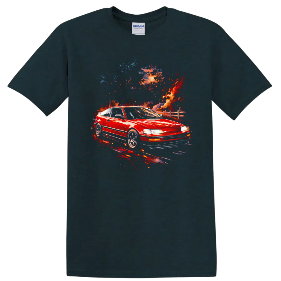 Red Honda CRX VTEC with colorful abstract flames graphic on black T shirt on a Midnight (Green) T Shirt