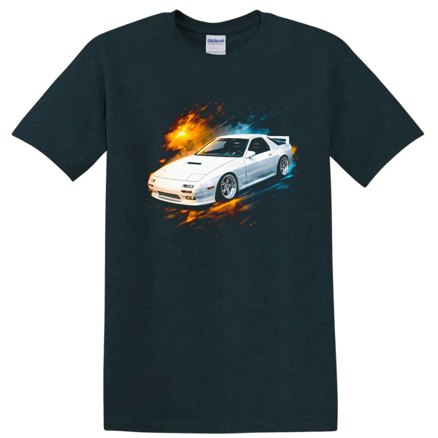 White Mazda RX-7 FC3S with orange and blue paint burst graphic on black on a Midnight (Green) T Shirt