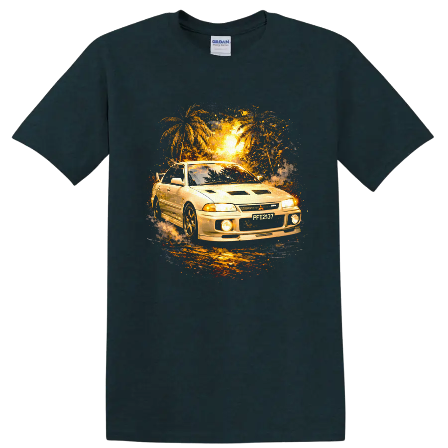 Mitsubishi Lancer Evolution III car graphic with palm trees and glowing sunset on a Midnight (Green) T Shirt