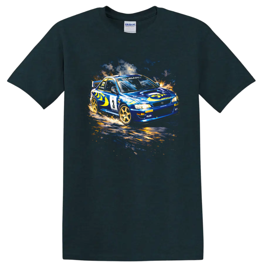 Blue Subaru Impreza WRC rally car graphic print T shirt on a Midnight (Green) T Shirt