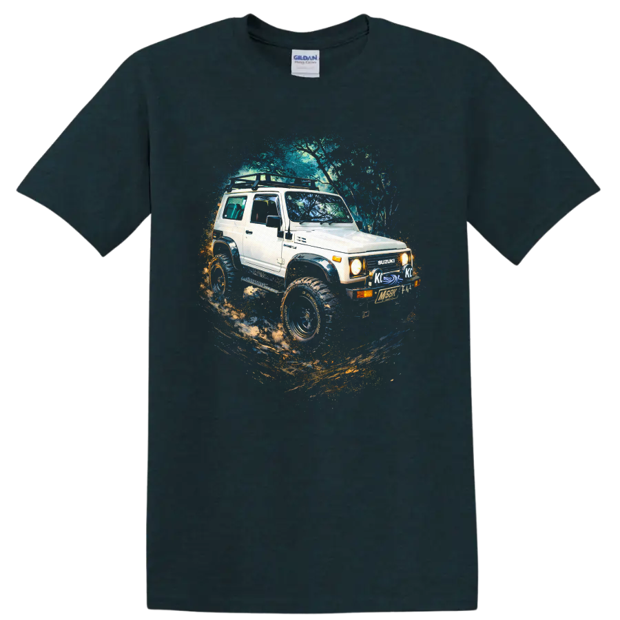 1992 Suzuki Jimny lifted off road SUV graphic print T shirt on a Midnight (Green) T Shirt