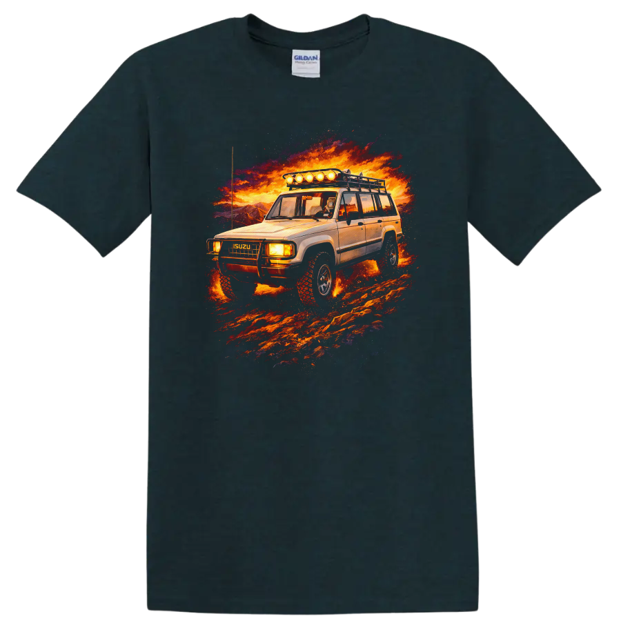 Isuzu Trooper old car graphic print with fiery off road scene on a Midnight (Green) T Shirt
