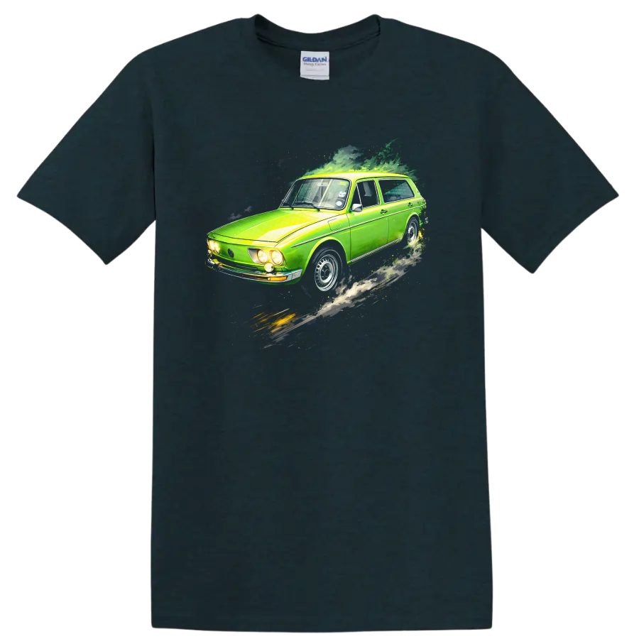 Green Volkswagen Brasília old car graphic print T-shirt on a Midnight (Green) T Shirt