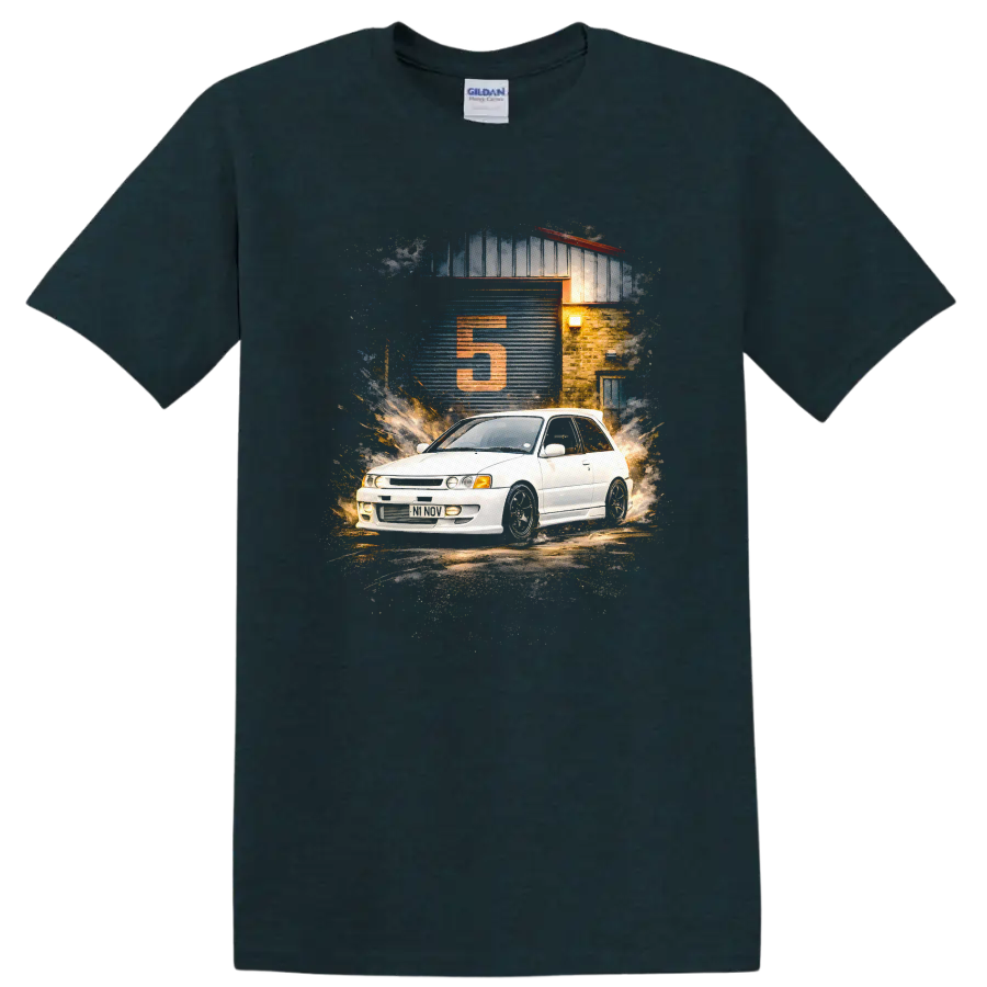 Toyota Starlet GT Turbo graphic print with white hatchback and garage scene on a Midnight (Green) T Shirt