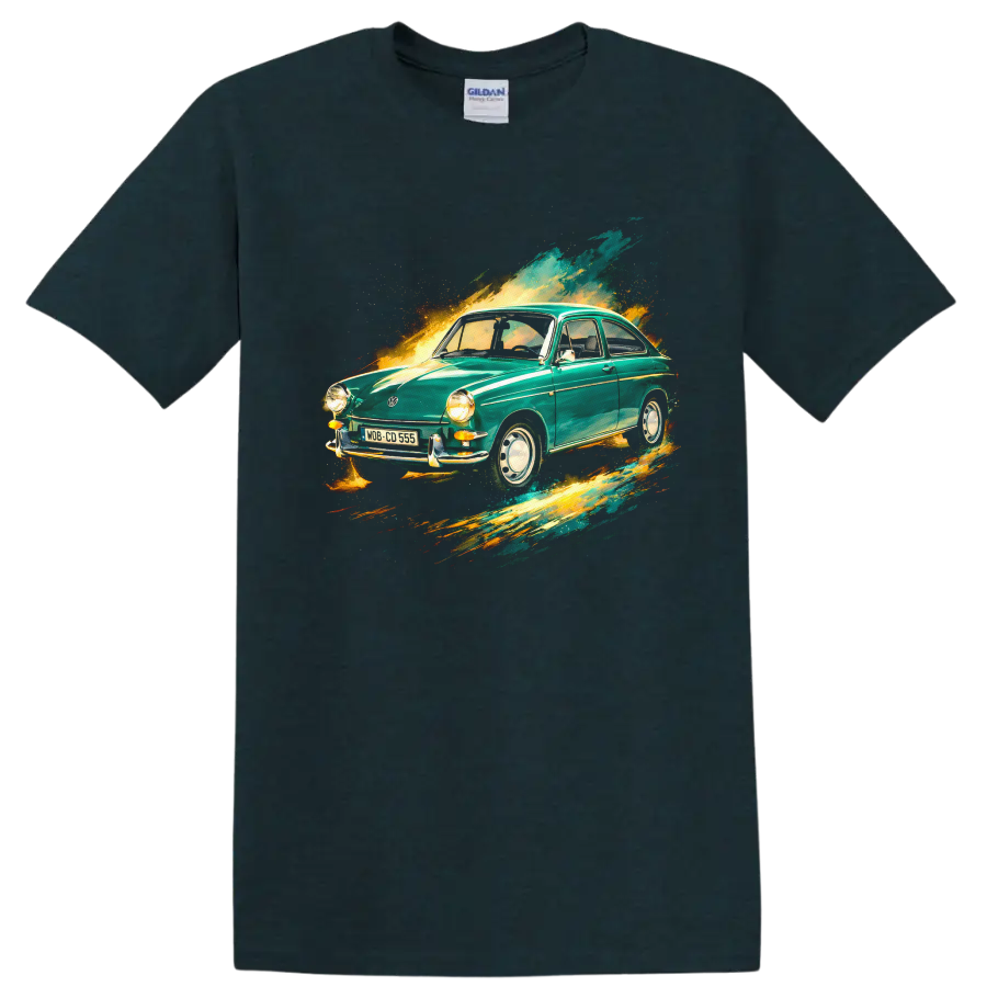 Vintage Volkswagen Type 3 car with colorful paint-splash graphic print T-shirt on a Midnight (Green) T Shirt