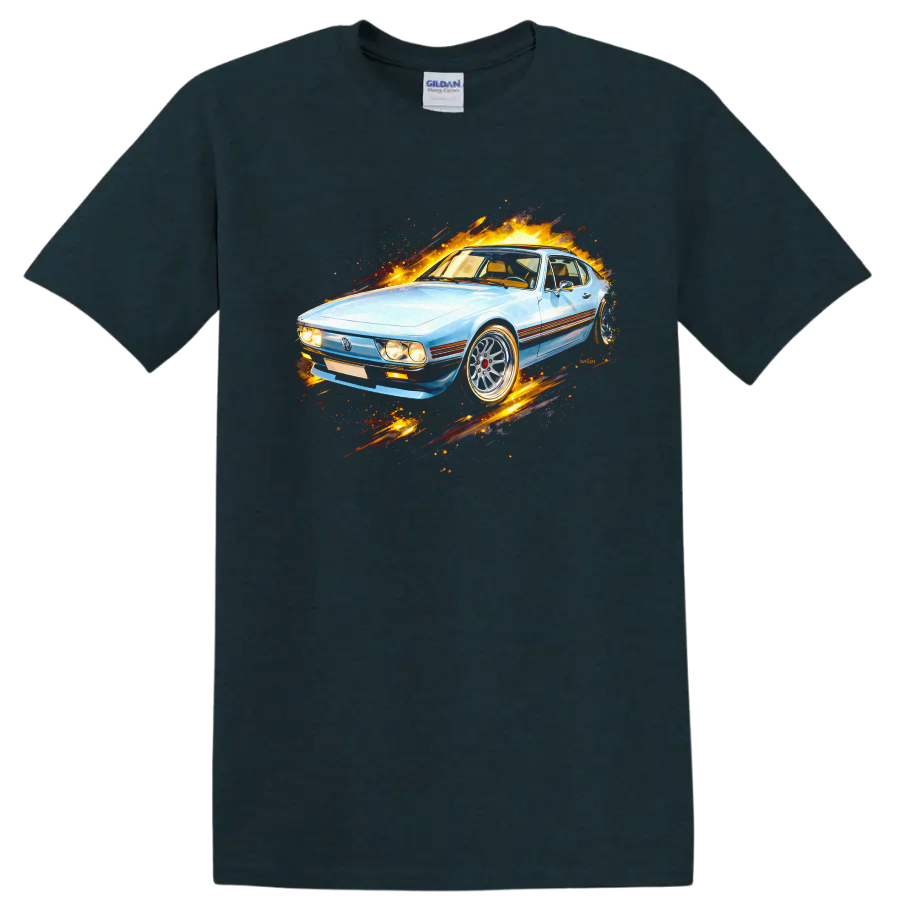 Light blue Volkswagen SP2 old car graphic print with fiery motion effects on a Midnight (Green) T Shirt