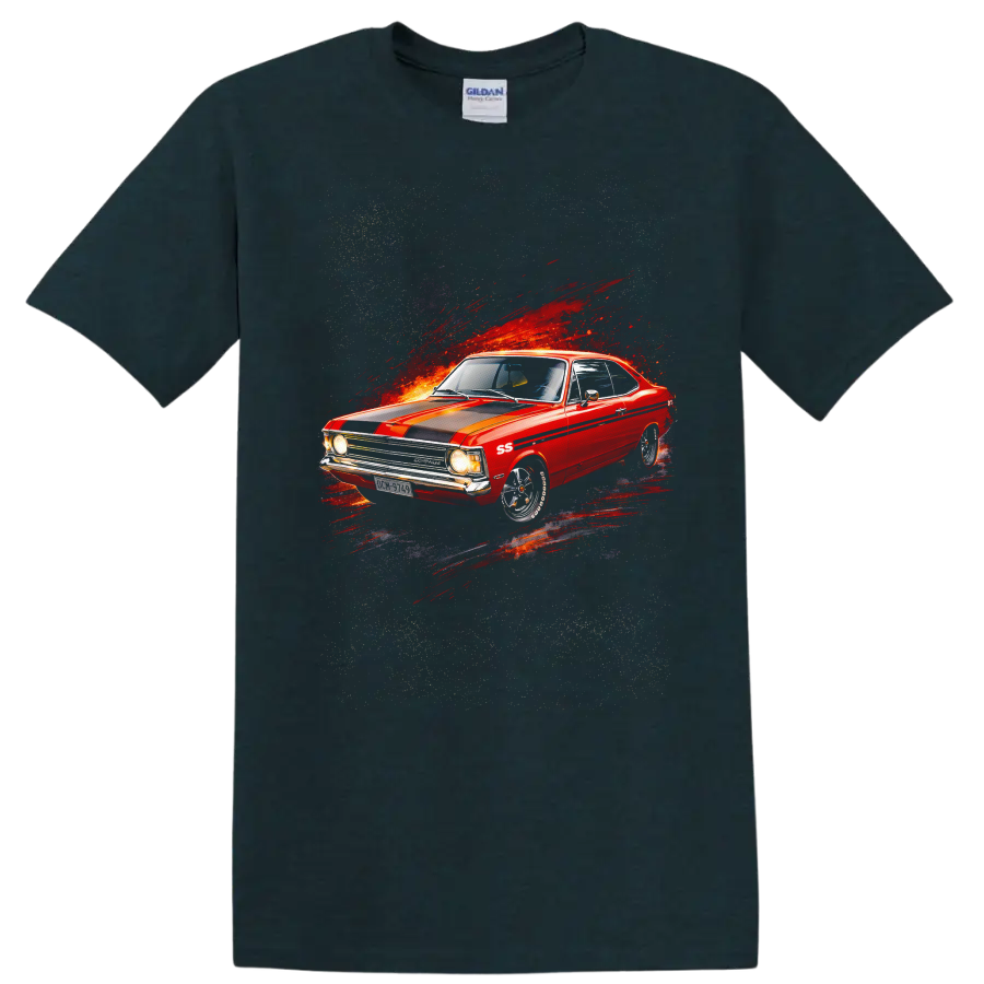 Red Chevrolet Opala SS classic car graphic print T shirt on a Midnight (Green) T Shirt