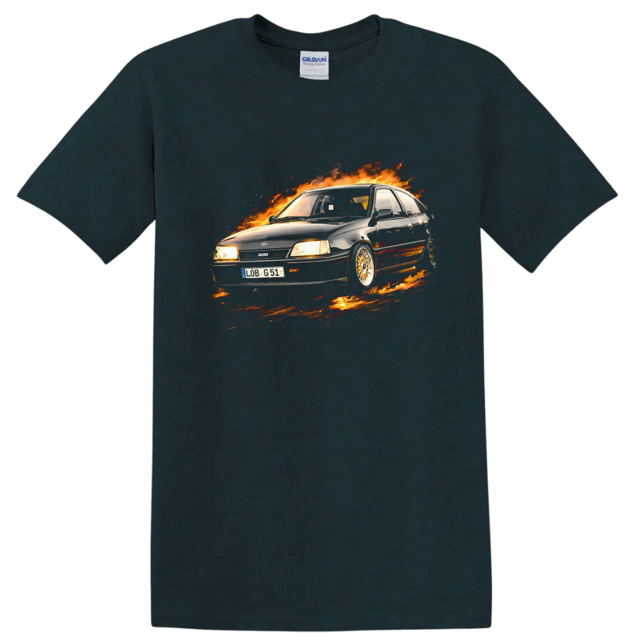 Opel Kadett E GSi car surrounded by flames graphic on T shirt on a Midnight (Green) T Shirt