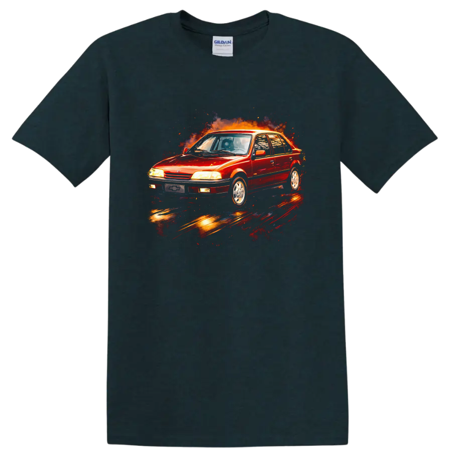 Red Chevrolet Monza old car graphic with fiery burst on a T shirt on a Midnight (Green) T Shirt