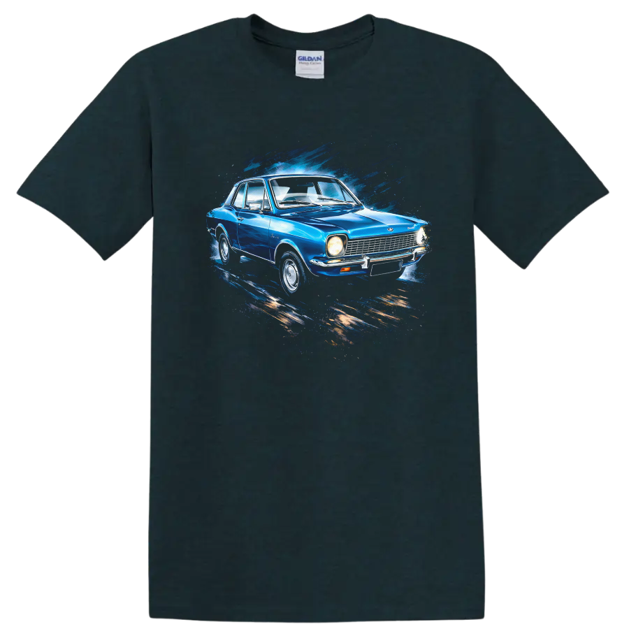 Blue Ford Corcel old car with splash art graphic print T shirt on a Midnight (Green) T Shirt