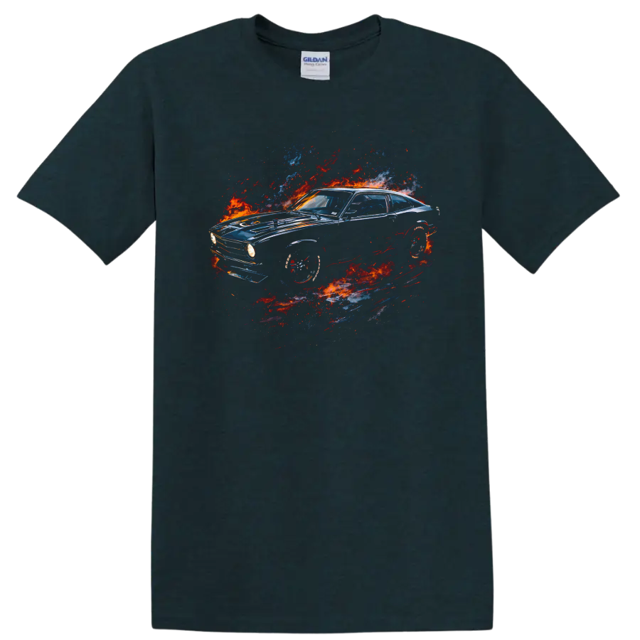 Vintage Ford Maverick car with fiery blue red graphic print on black T shirt on a Midnight (Green) T Shirt