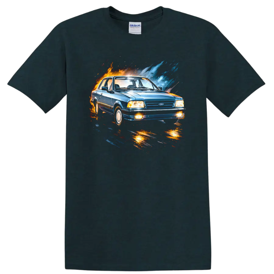 Blue Ford Del Rey classic car with orange and blue splash effects graphic print on a Midnight (Green) T Shirt