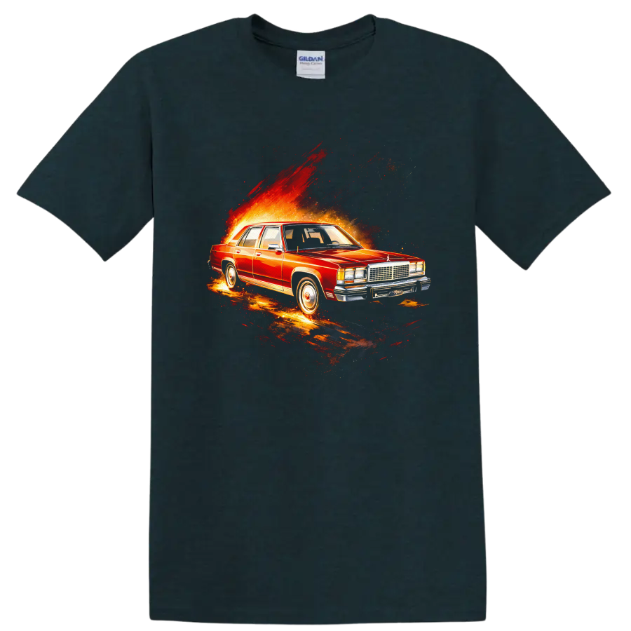 Red Ford LTD old car with fiery burst graphic print on a black T shirt on a Midnight (Green) T Shirt