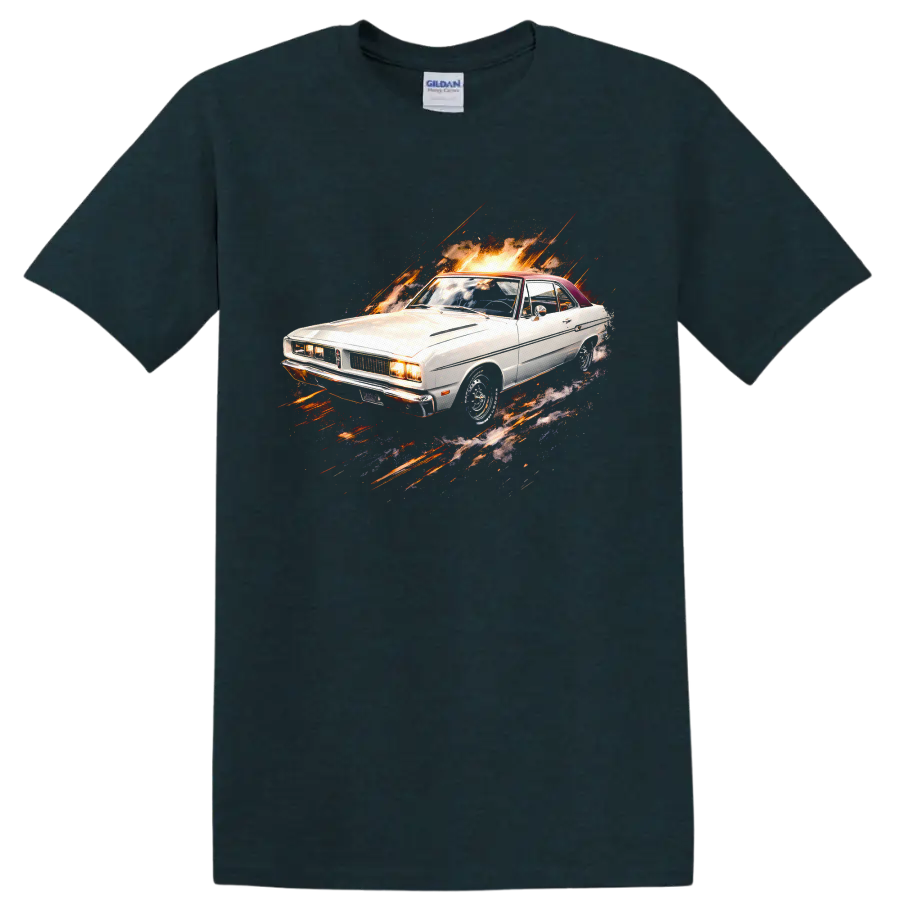 White Dodge Dart old car with fiery graphic burst on a black T-shirt on a Midnight (Green) T Shirt